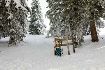Close up of a sled on a snow covered mountain