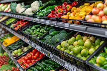 Fototapeta na wymiar Super fresh vegetables on shelf in market store
