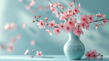 Overflowing cherry blossoms in full bloom from a ceramic vase, signaling spring. - obrazy, fototapety, plakaty