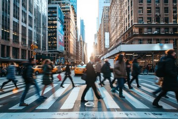 The energy of business people crossing a bustling city street - obrazy, fototapety, plakaty
