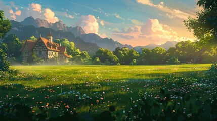 A peaceful green meadow with a lovely town house bathed in the soft light of dawn - obrazy, fototapety, plakaty