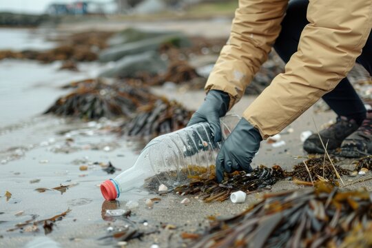 Volunteer in protective gloves picking up a plastic bottles and other junk on the shore