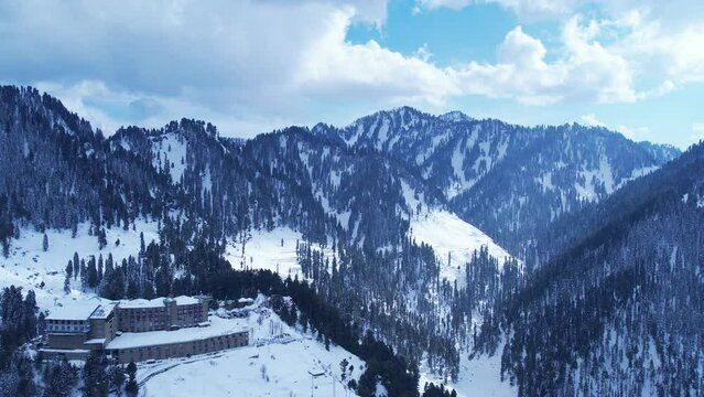 Aerial view of snow covered Malam Jabba hill station in Himalayan mountains