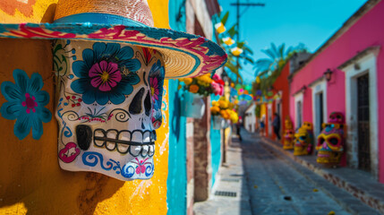 Vibrant Mexican street adorned with a festive skull and traditional decorations. - obrazy, fototapety, plakaty