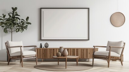 mockup of frame on cabinet in cozy farmhouse style living room interior design, white wall background, 3d render, 3d illustration