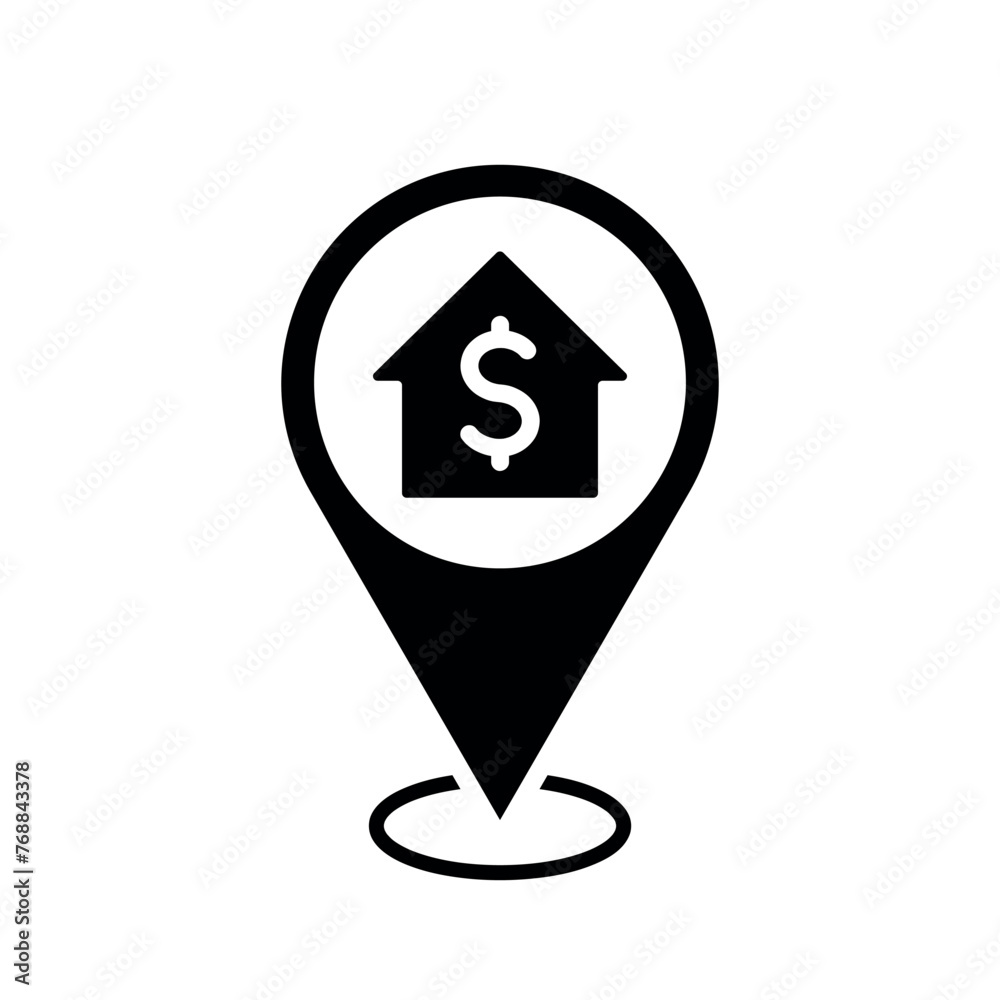 Canvas Prints bank location map pointer, building with dollar sign icon with location pin, black symbol isolated o