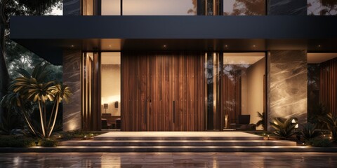 Modern House Featuring Large Wooden Door Generative AI - obrazy, fototapety, plakaty