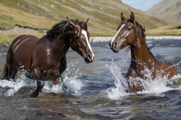 pair of horses playing and splashing in a clear mountain river