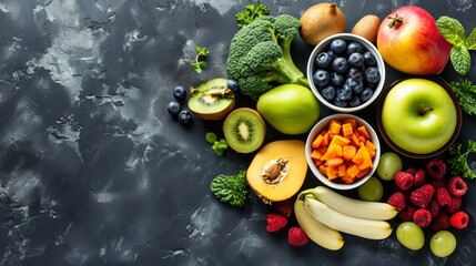 Variety of Fresh Fruits and Vegetables in Healthy Display with Copy Space