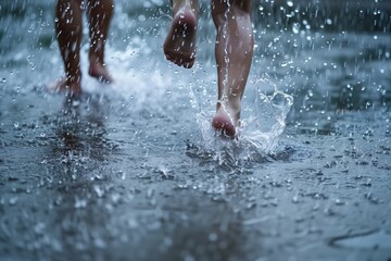 youth splashing on splash pad despite rain - obrazy, fototapety, plakaty