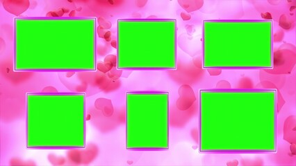 Beautiful illustration of empty green screen photo album with pink hearts background