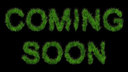 Beautiful illustration of Coming soon text with green grass effect on plain black background
