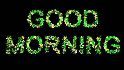 Beautiful illustration of Good morning text with yellow flowers and green grass on plain black background