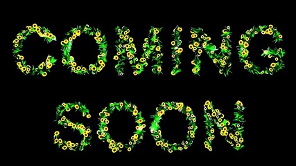 Beautiful illustration of Coming soon text with yellow flowers and green grass on plain black background