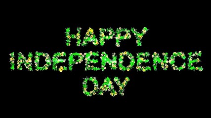 Beautiful illustration of happy independence day text with yellow flowers and green grass on plain black background
