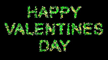 Beautiful illustration of happy valentines day text with yellow flowers and green grass on plain black background