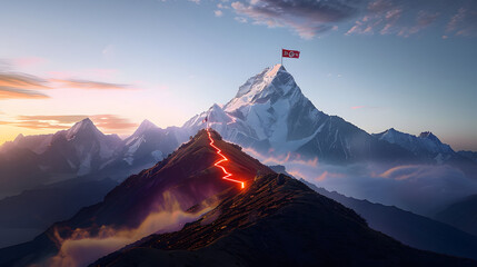 Glowing path leading to success concept with flag on peak of mountain - obrazy, fototapety, plakaty