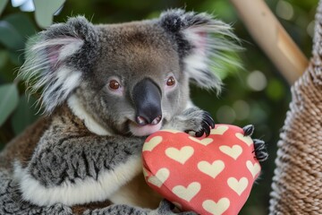 koala hugging a heartpatterned plush toy, eyes open