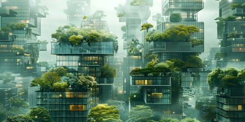 Urban Vertical Forest: A Fusion of Greenery and Modern Architecture in a Digital Art Representation. Concept Digital Art, Urban Architecture, Vertical Forest, Greenery Fusion, Modern Design