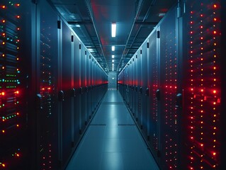 Fototapeta premium Behindthescenes at a cloud data center, rows of servers humming, heart of the internet, secure facility, clear day , cinematic