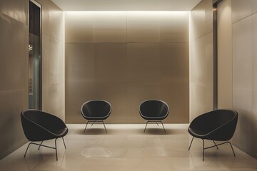 designer chairs in a minimalist apartment building lobby