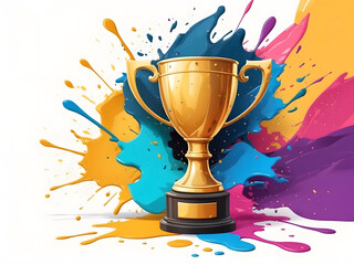 Colorful abstract background featuring a golden trophy surrounded by splashes of paint design. - obrazy, fototapety, plakaty