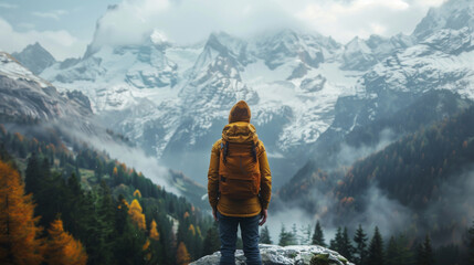 A lone adventurer stands contemplating the breathtaking snow-capped mountains in autumn. - obrazy, fototapety, plakaty