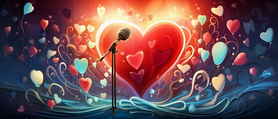 A cartoon heart in a musical performance, singing passionately into a microphone, surrounded by musical notes, showcasing artistic talent - obrazy, fototapety, plakaty