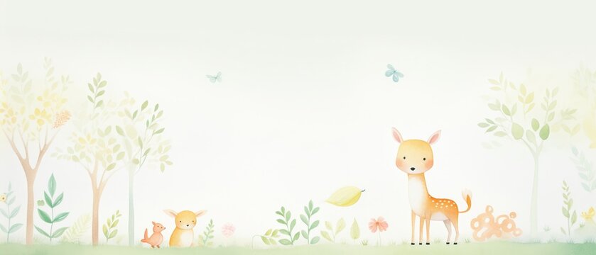 A calming scene of trees and animals painted in watercolor, with a beautiful pastel palette cute, animation, technicolor, illustration