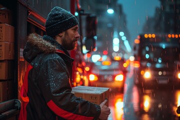 Delivery man handling boxes on rainy night