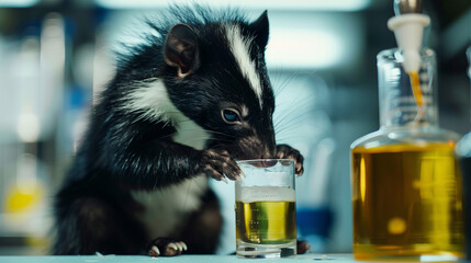 In a playful laboratory scene, a skunk cleverly investigates a glass of beer among scientific equipment - obrazy, fototapety, plakaty