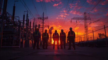 A group of workers in high-visibility vests stand silhouetted against a dramatic sunset in an electric power grid. - obrazy, fototapety, plakaty