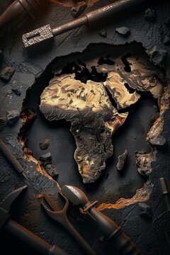 A broken Africa map is on a table with tools