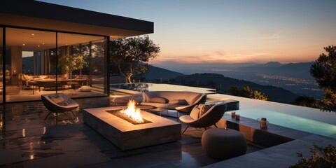 Modern Living Room With Fire Pit and Swimming Pool Generative AI - obrazy, fototapety, plakaty