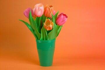 plastic tulips in a green plastic vase against a solid colored background