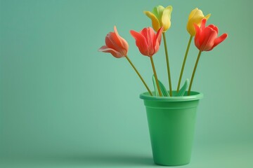 plastic tulips in a green plastic vase against a solid colored background