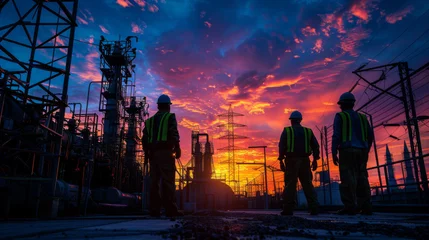 Foto op Canvas A group of workers in high-visibility vests stand silhouetted against a dramatic sunset in an electric power grid. © khonkangrua