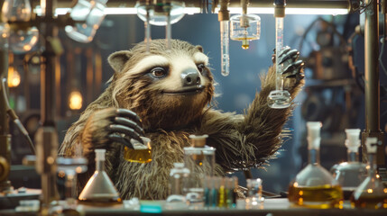A sloth is humorously portrayed conducting a chemical experiment with flasks and laboratory apparatus - obrazy, fototapety, plakaty