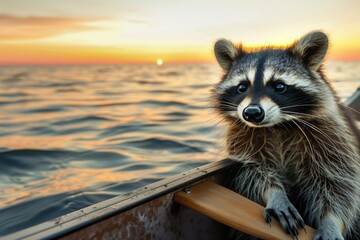 closeup of a raccoon in a canoe, calm sea at sunset - obrazy, fototapety, plakaty