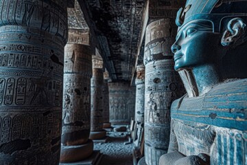 Inside View of an Egyptian Temple with Hieroglyphs and Statues .Generative ai - obrazy, fototapety, plakaty
