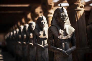 Aligned Ancient Egyptian Pharaoh Statues in Warm Light .Generative ai
