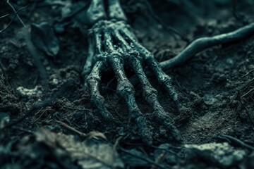 Fototapeta premium Skeletal hand emerging from the ground, dramatic representation of mortality .Generative ai