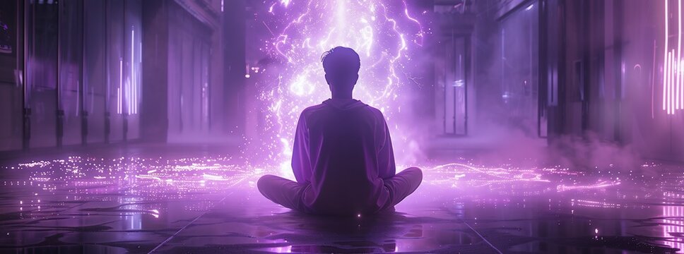Aura energy. Inner harmony. Spiritual contemplation. Double exposure profile silhouette of man face with purple blue pink color smoke isolated on white copy space.