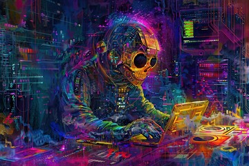 Techno reaper in a digital den, coding eternity in vibrant hues - obrazy, fototapety, plakaty
