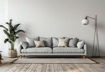 A modern living room interior with a light grey sofa, coffee table and floor lamp against a white wall background