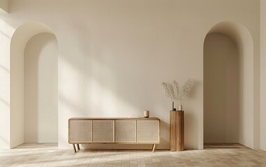 A modern living room interior with a mock up cabinet and shelf on a white wall, arched doorways in the style of a minimalist composition, beige walls, a wooden floor, and soft lighting