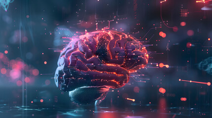 Digital human brain superimposed onto a cosmic background, with glowing neural pathways and represent the complexity and activity of the mind. - obrazy, fototapety, plakaty