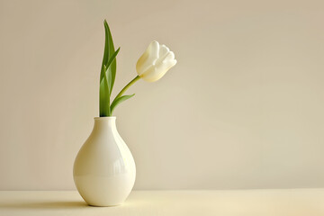 Sleek white porcelain vase and single tulip on a soft beige background