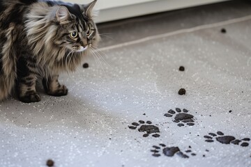 pet cat next to muddy paw prints on a light grey carpet