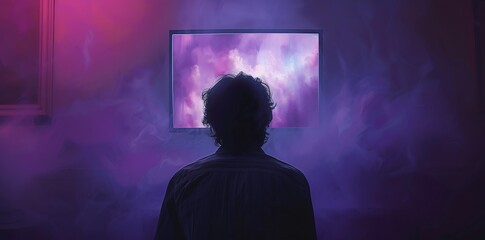 Man sits in front of a blank monitor in dark room - obrazy, fototapety, plakaty